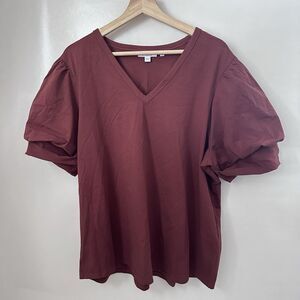 Chicos Top Womens Balloon Puff Sleeve Tee Red Shirt Cotton Blend Basic XXL